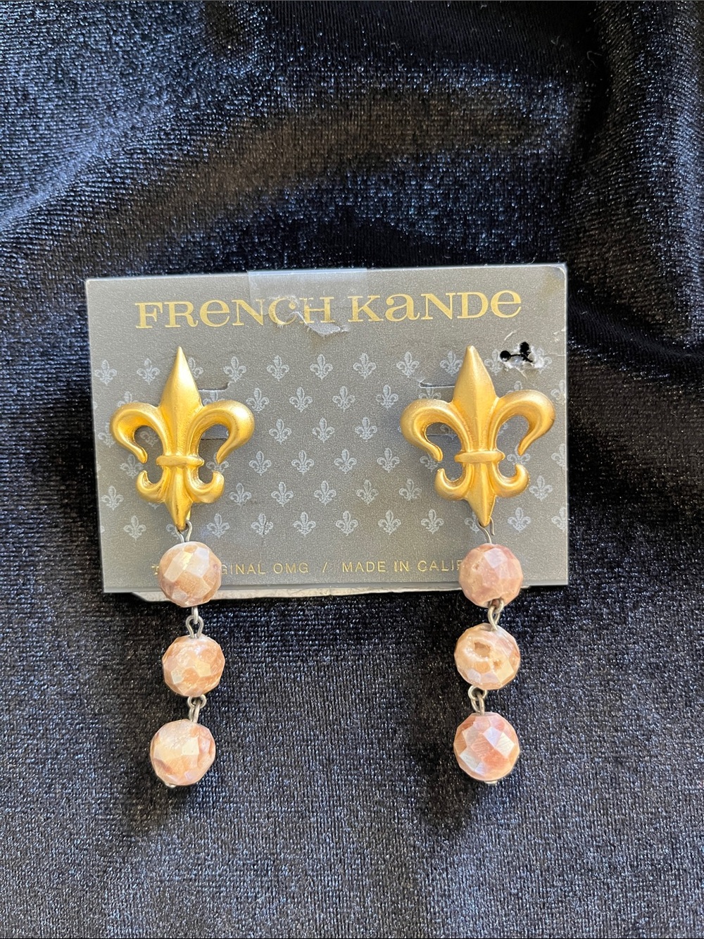 MS700-Y French Kande Gold Fleur-de-Lis Drop Earrings with Blush Beads
